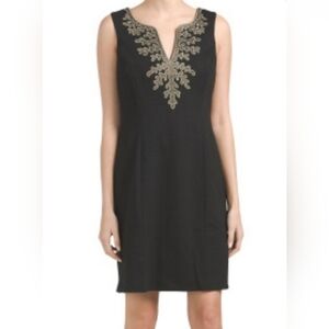 Papagallo Dress Navy Blue Gold Thread Sheath Amaya - Sz 6 -NWOT